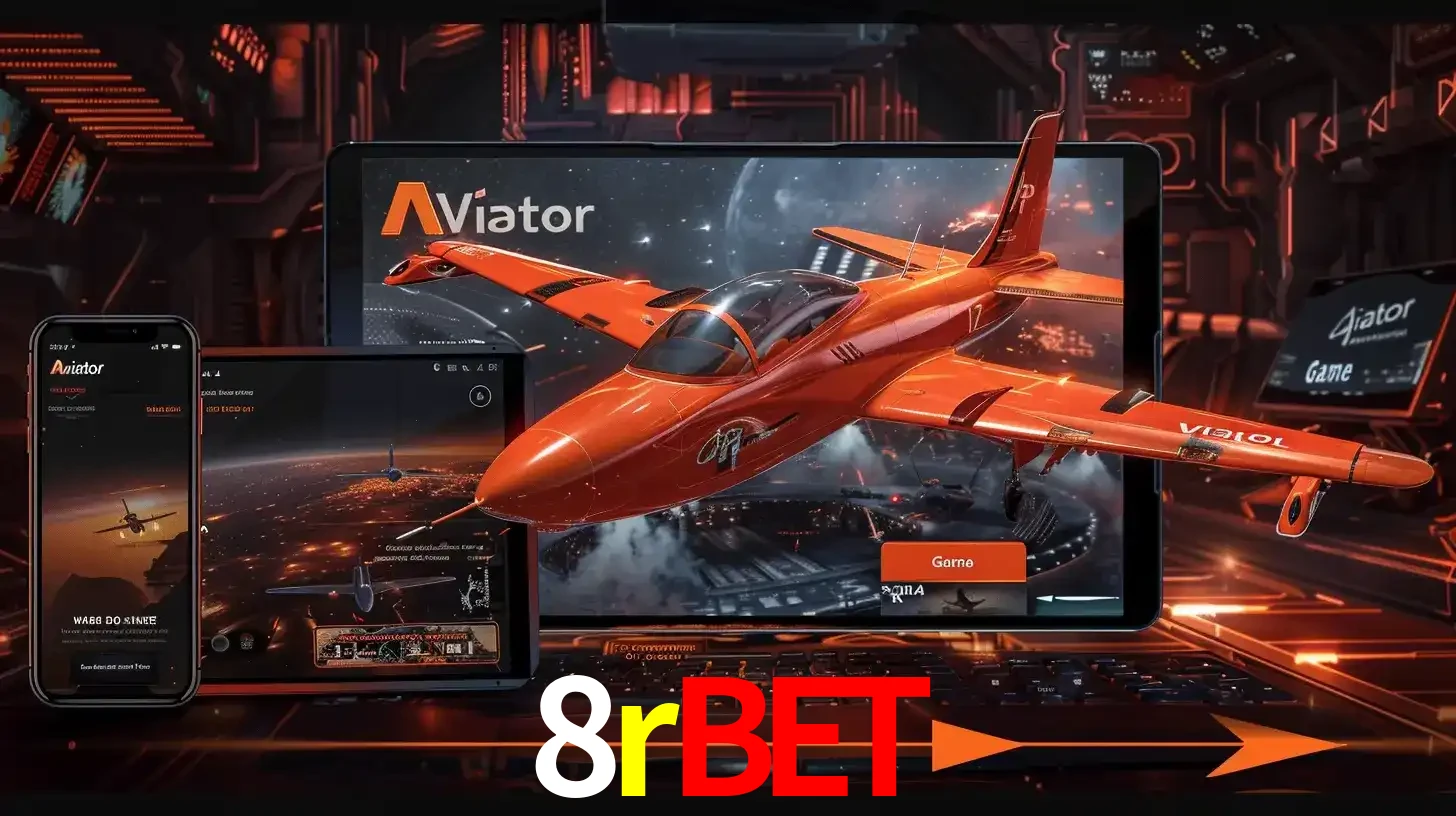 Apresentação tecnológica do jogo Aviator com um avião saindo da tela de um tablet, demonstrando a experiência imersiva em múltiplos dispositivos no 8rbet.