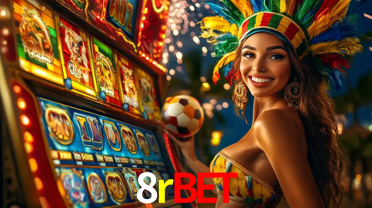 Mulher com um cocar de carnaval ao lado de uma máquina de caça-níqueis enquanto segura uma bola de futebol, mostrando a união da diversão de cassino e esportes no 8rbet.