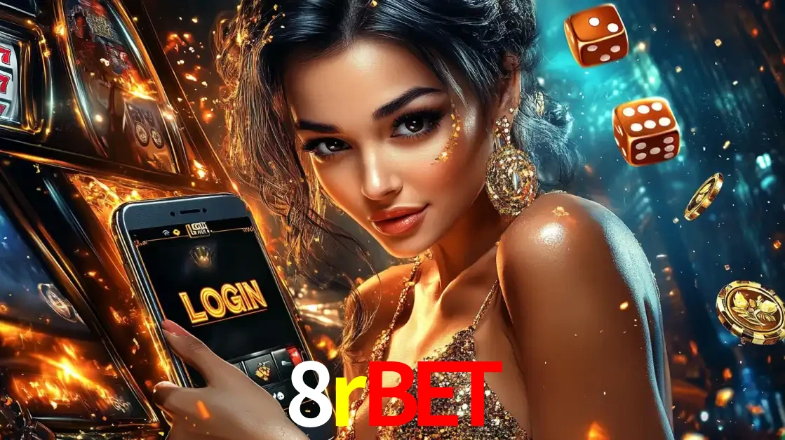 Mulher glamourosa segurando um celular com a tela de login do cassino 8rbet, rodeada por dados e moedas douradas, pronta para começar a diversão.