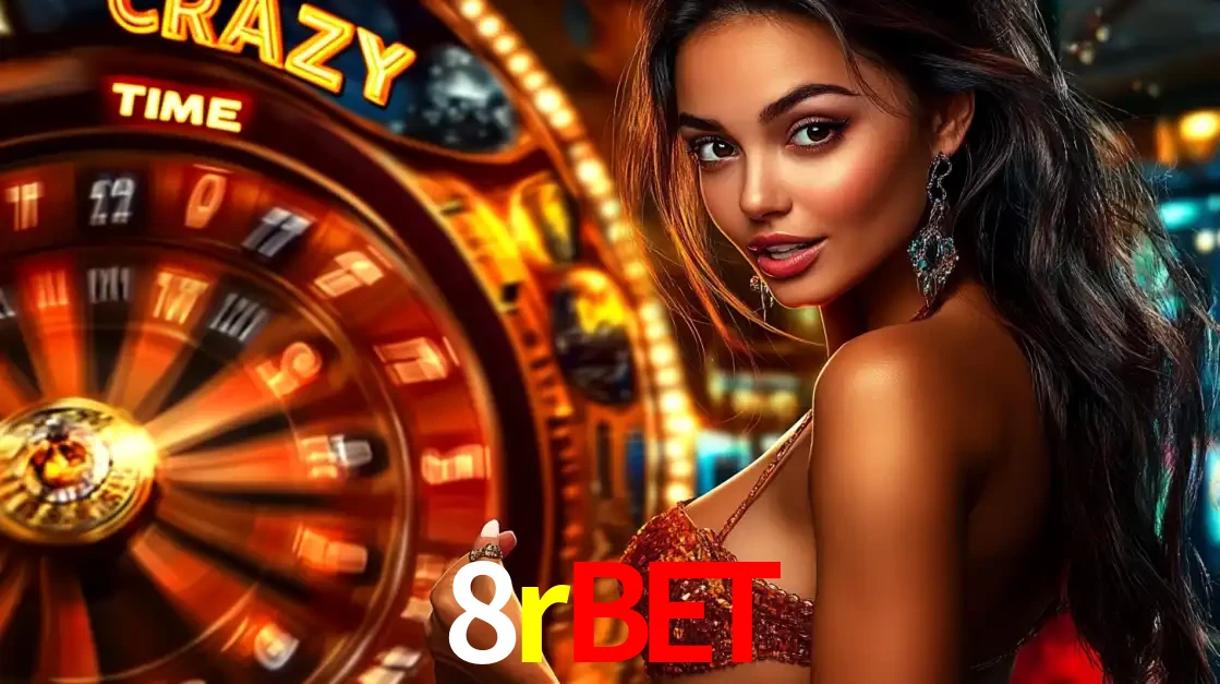 Mulher ao lado da roda de prêmios do jogo de cassino ao vivo Crazy Time, um dos shows de jogos mais emocionantes oferecidos pela plataforma de apostas 8rbet.