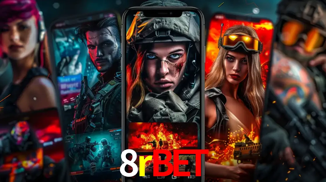 Montagem de telas de celular mostrando diversos personagens, masculinos e femininos, de um jogo de tiro, ilustrando a diversidade de equipes de e-sports para apostar no 8rbet.