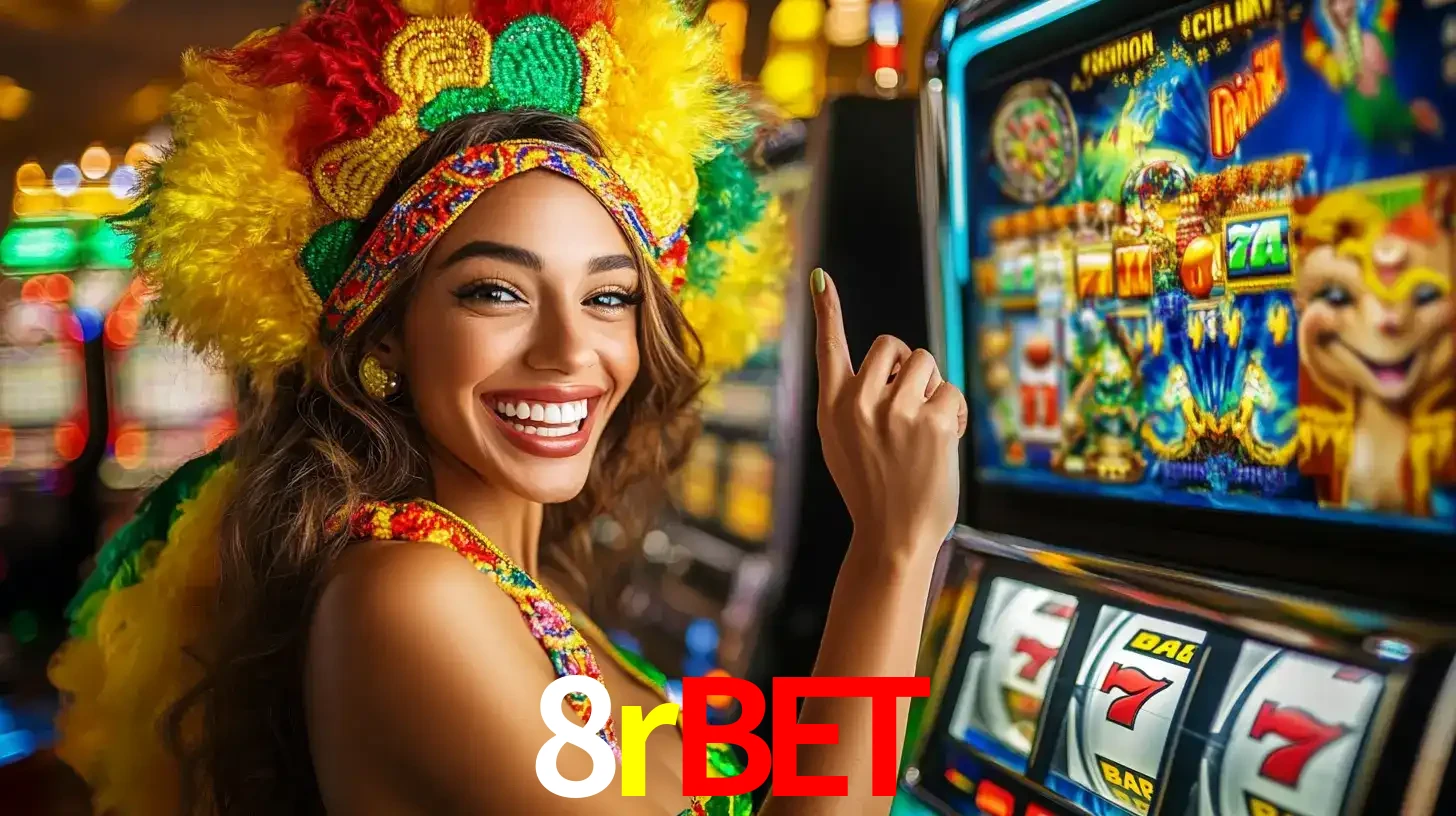 Mulher animada com um cocar de carnaval apontando para uma máquina de caça-níqueis, mostrando a emoção de ganhar um grande prêmio nos jogos do 8rbet.