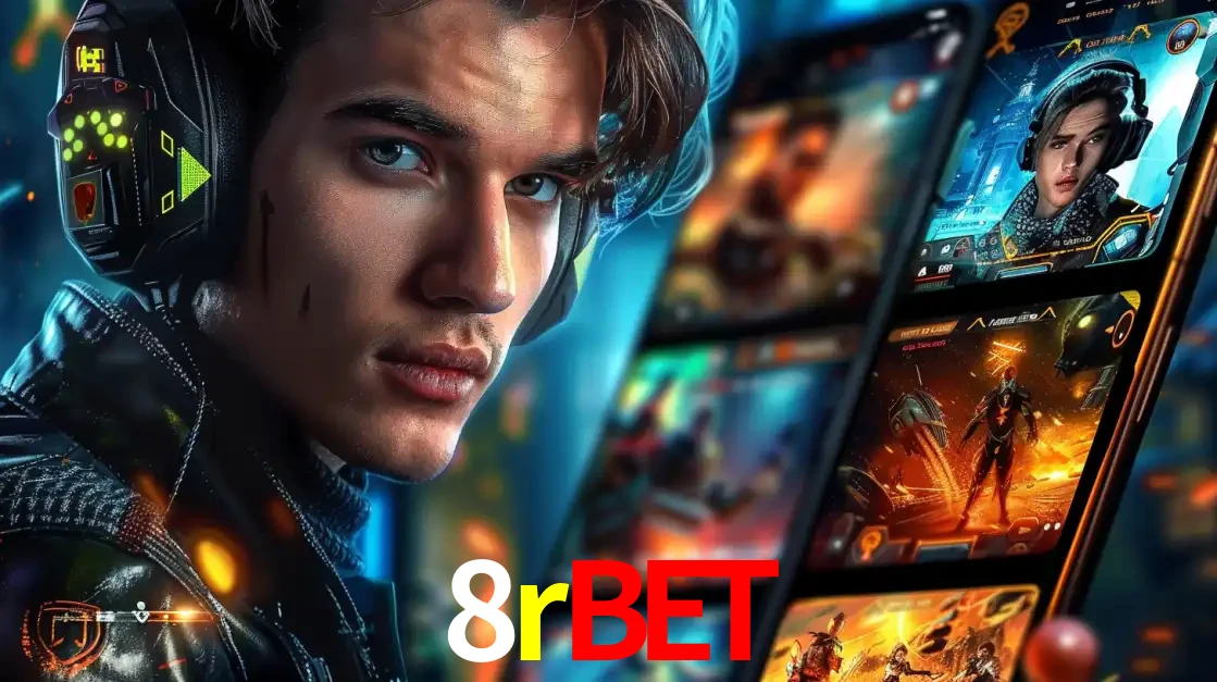 Jovem jogador com fones de ouvido olhando para a câmera, com um aplicativo de jogos e e-sports para celular ao fundo, pronto para a competição e apostas no 8rbet.