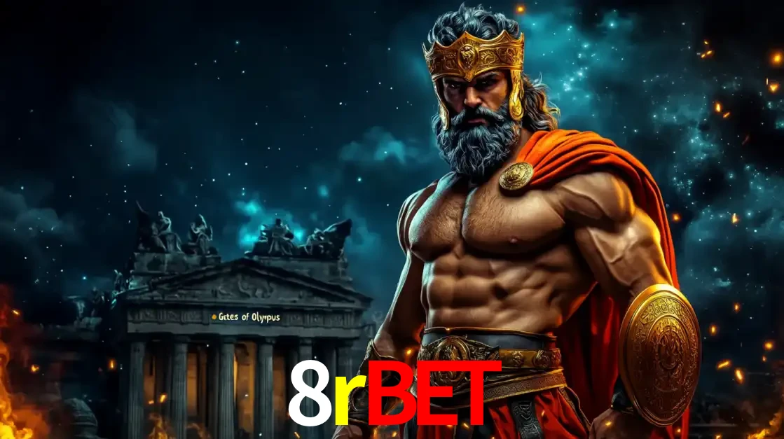 O poderoso Zeus do jogo de slot Gates of Olympus em frente ao seu templo, pronto para lançar multiplicadores divinos e prêmios épicos no cassino online 8rbet.