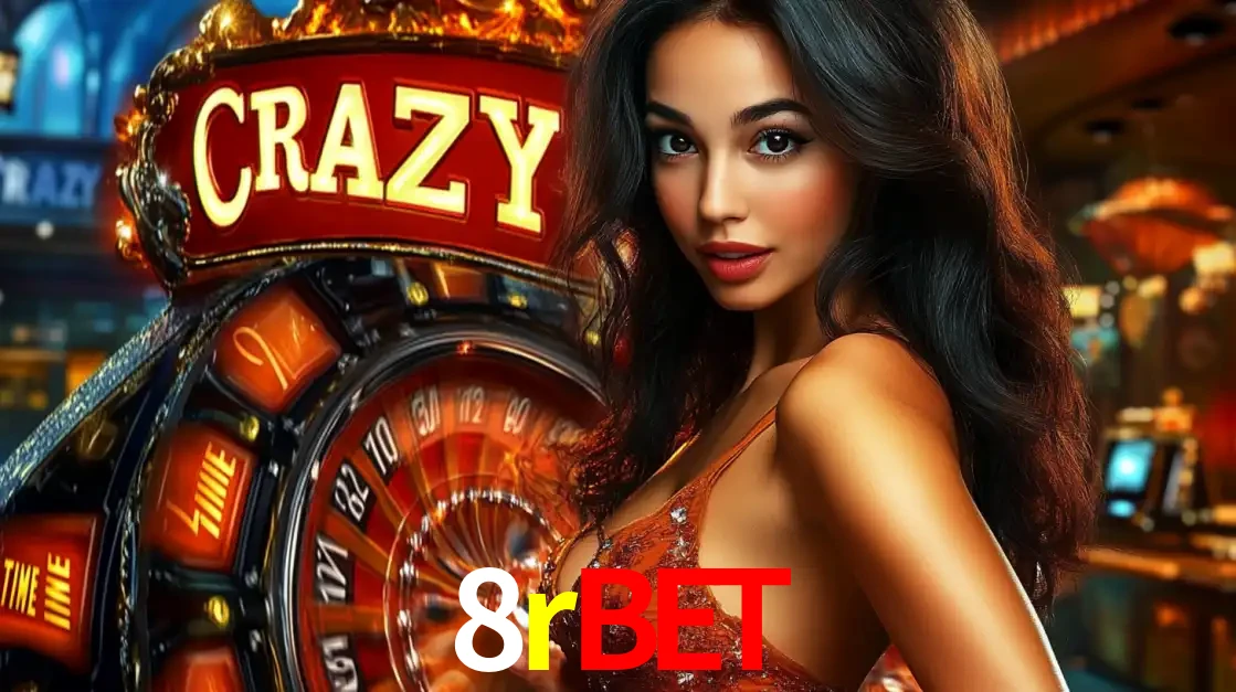 Mulher glamourosa olhando para a câmera com a roda vermelha do Crazy Time ao fundo em um ambiente de cassino, destacando a emoção dos jogos ao vivo no 8rbet.