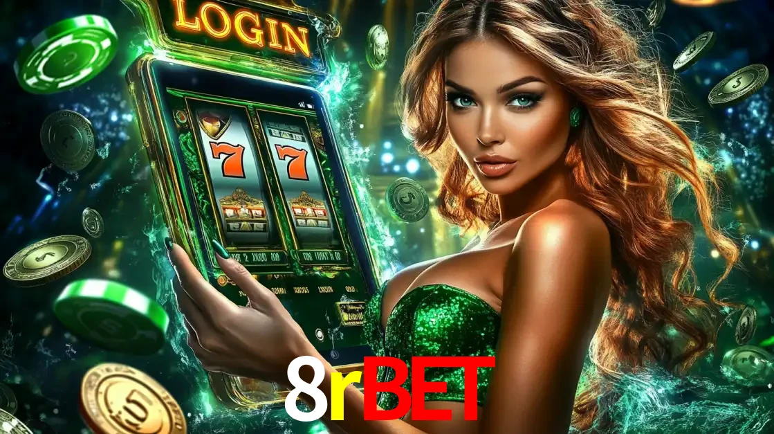 Mulher com tema verde apresentando o aplicativo do cassino 8rbet com um jogo de slot de 777, cercada por fichas de cassino e uma aura de sorte.