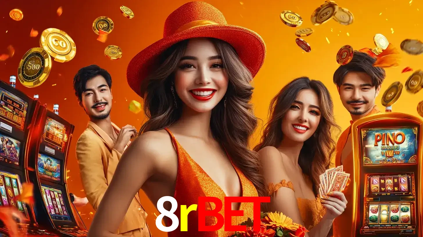 Grupo de amigos asiáticos sorrindo e se divertindo com máquinas de caça-níqueis em um ambiente festivo, celebrando suas vitórias nos jogos de cassino do 8rbet.