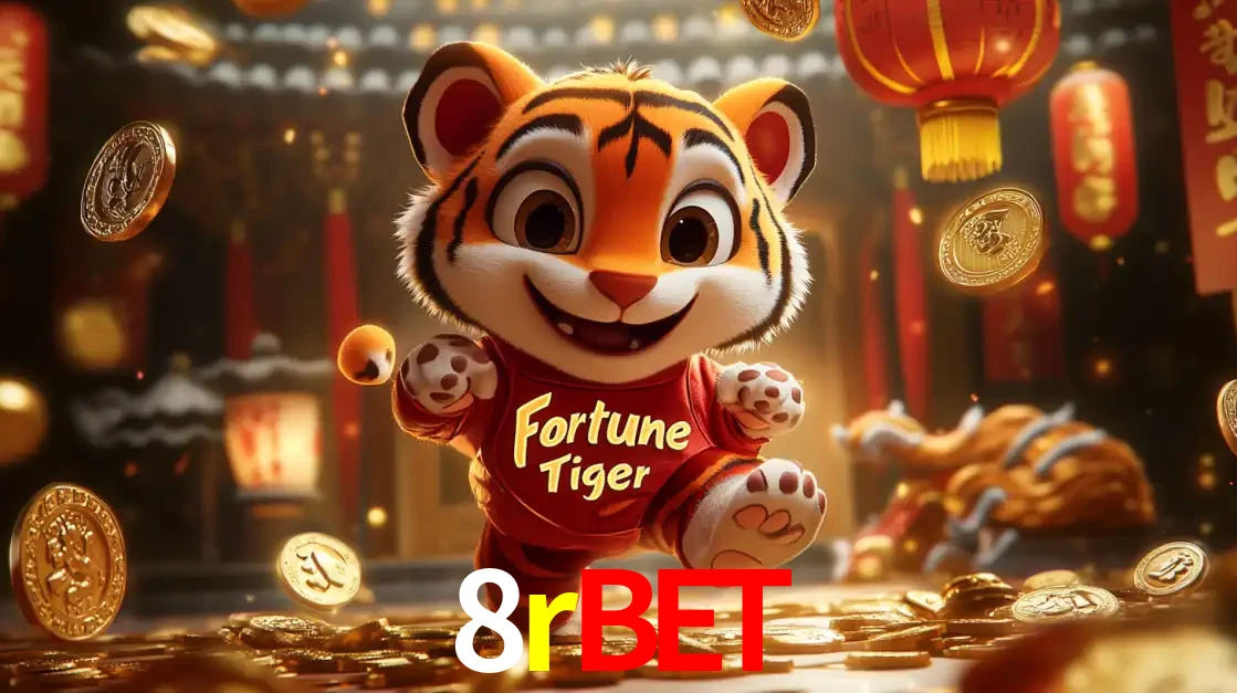O alegre personagem do Fortune Tiger correndo sobre um caminho de moedas de ouro, simbolizando os grandes prêmios e a diversão do popular jogo de slot do 8rbet.
