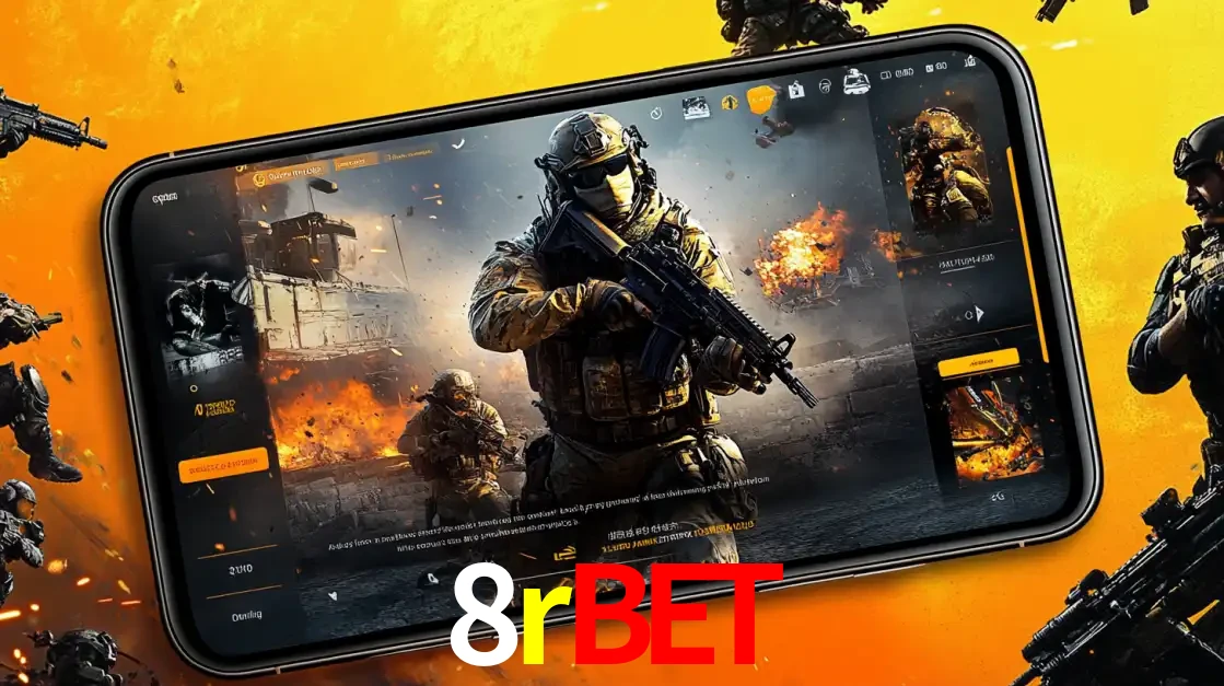 Um smartphone exibindo a interface de um jogo de tiro em primeira pessoa, com um soldado em um cenário de batalha, representando a ação dos e-sports para apostar no 8rbet.