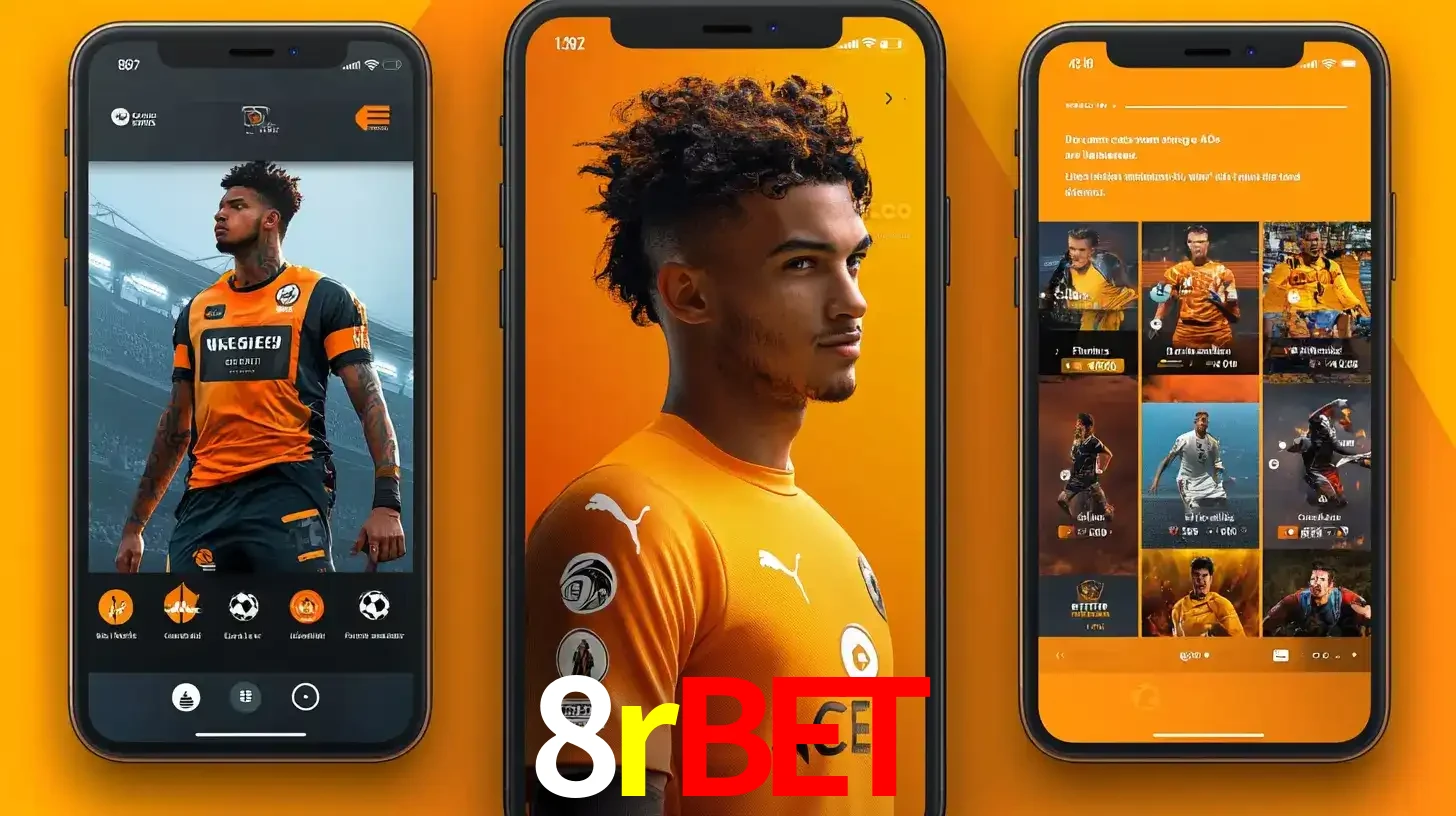 Interface do aplicativo de apostas esportivas 8rbet em três telas de celular, mostrando o perfil de um jogador de futebol e a lista de jogos disponíveis para apostar.