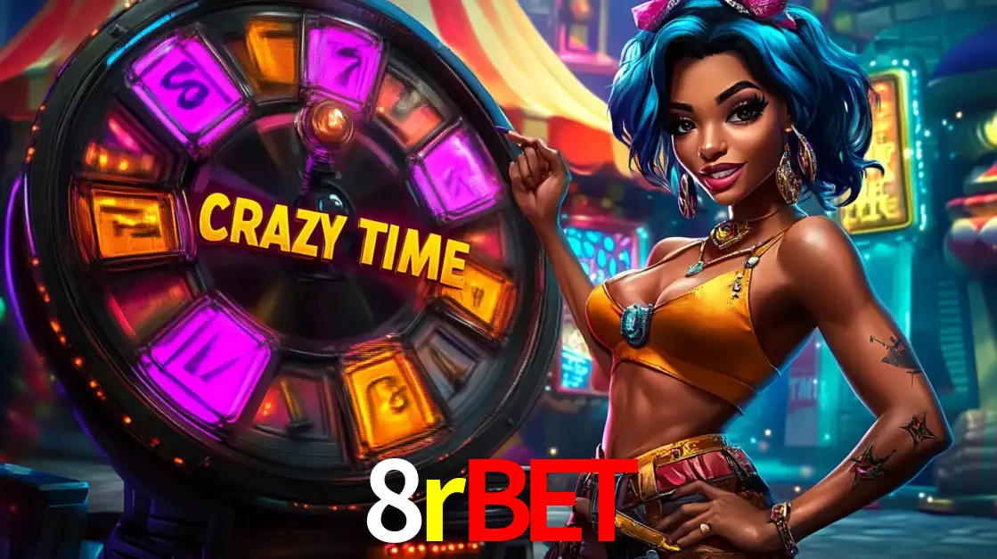 Mulher estilizada com cabelo azul e visual vibrante posando ao lado da roda de prêmios do game show Crazy Time, convidando para a diversão e os bônus do cassino 8rbet.