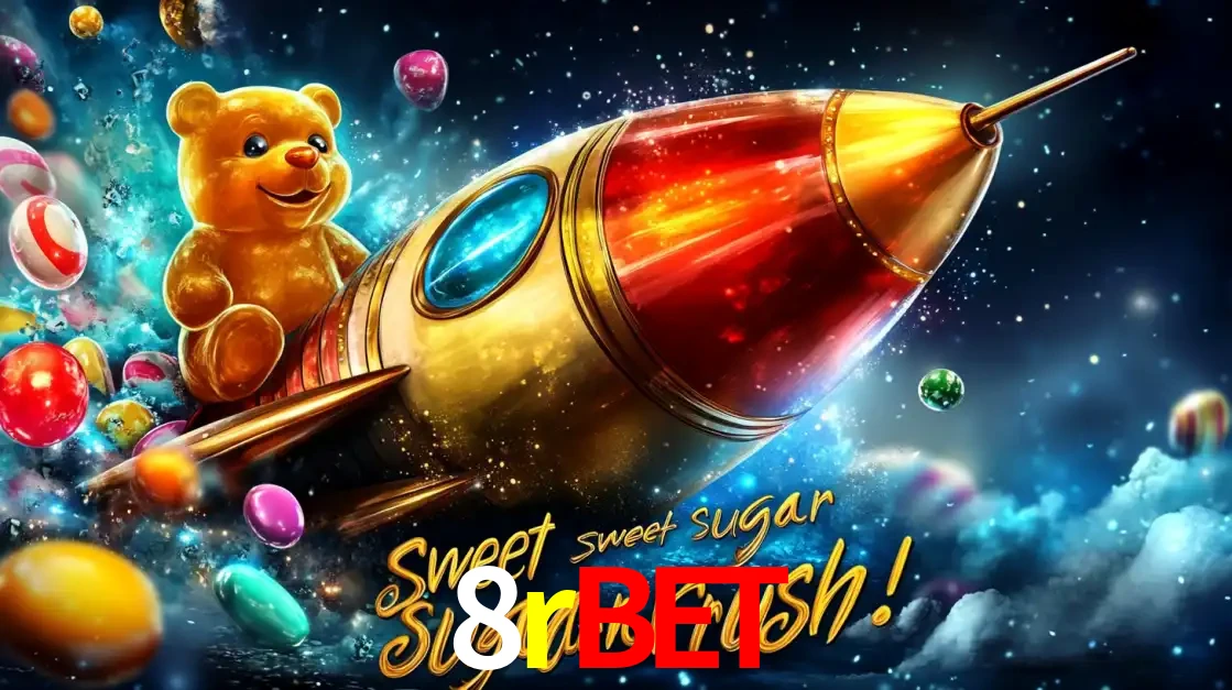 Arte promocional do jogo de slot Sugar Rush, com um urso de pelúcia em um foguete viajando pelo espaço de doces, um dos jogos divertidos disponíveis no cassino 8rbet.