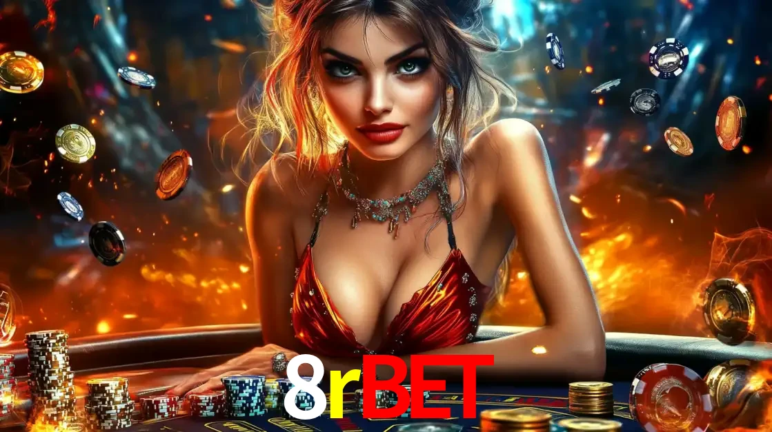 Mulher em uma mesa de cassino com pilhas de fichas e um fundo de fogo, pronta para uma rodada de altas apostas nos jogos de mesa emocionantes do cassino 8rbet.