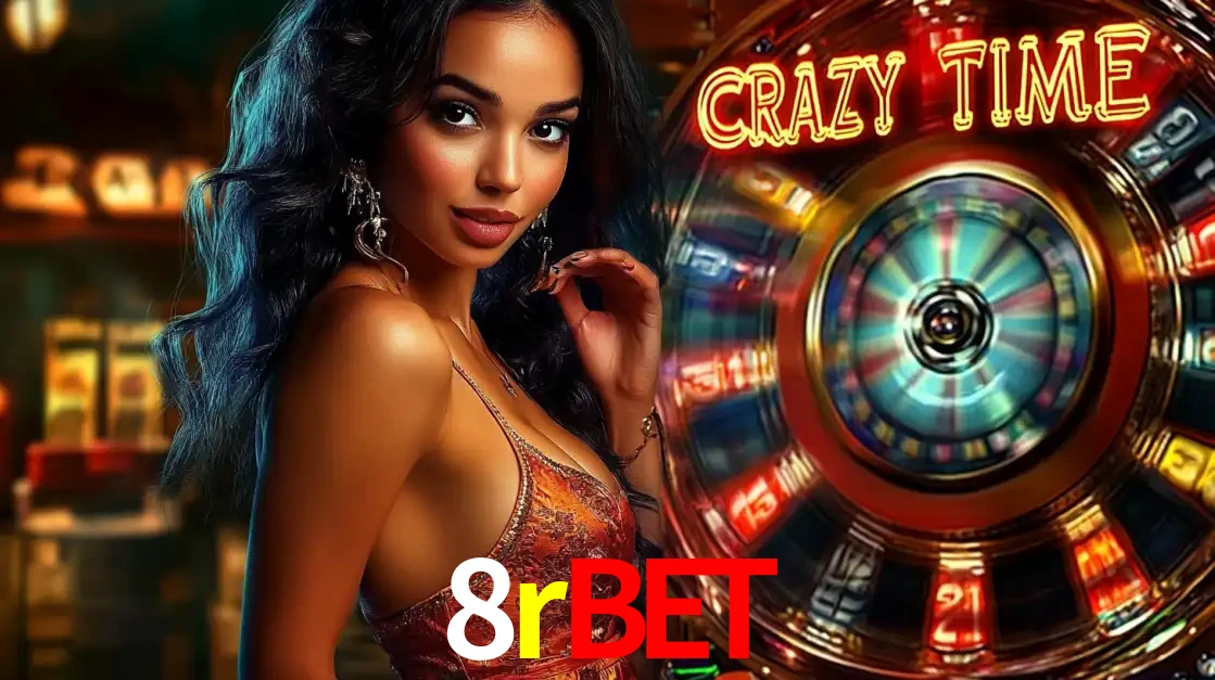 Mulher elegante ao lado da vibrante roda da fortuna do jogo de cassino ao vivo Crazy Time, um dos game shows mais populares e cheios de prêmios do 8rbet.