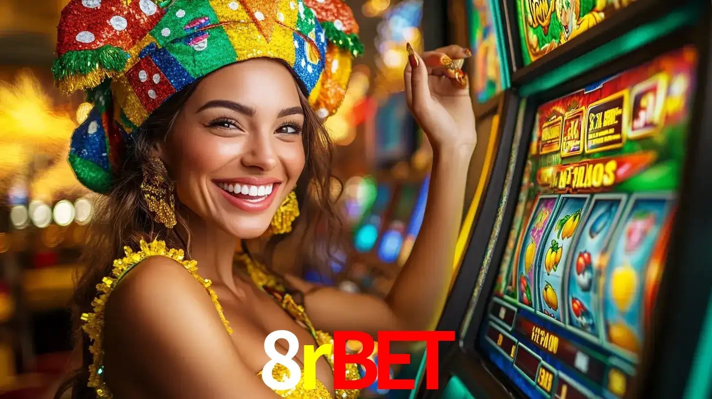 Mulher feliz com traje de carnaval amarelo e colorido ao lado de uma máquina de caça-níqueis, aproveitando a diversão e os jogos temáticos do cassino 8rbet.