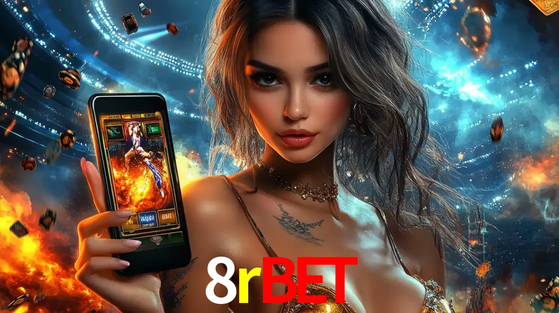 Mulher segurando um celular com um jogo de slot em destaque, tendo como fundo um estádio vibrante, simbolizando a emoção de jogar no cassino móvel 8rbet.