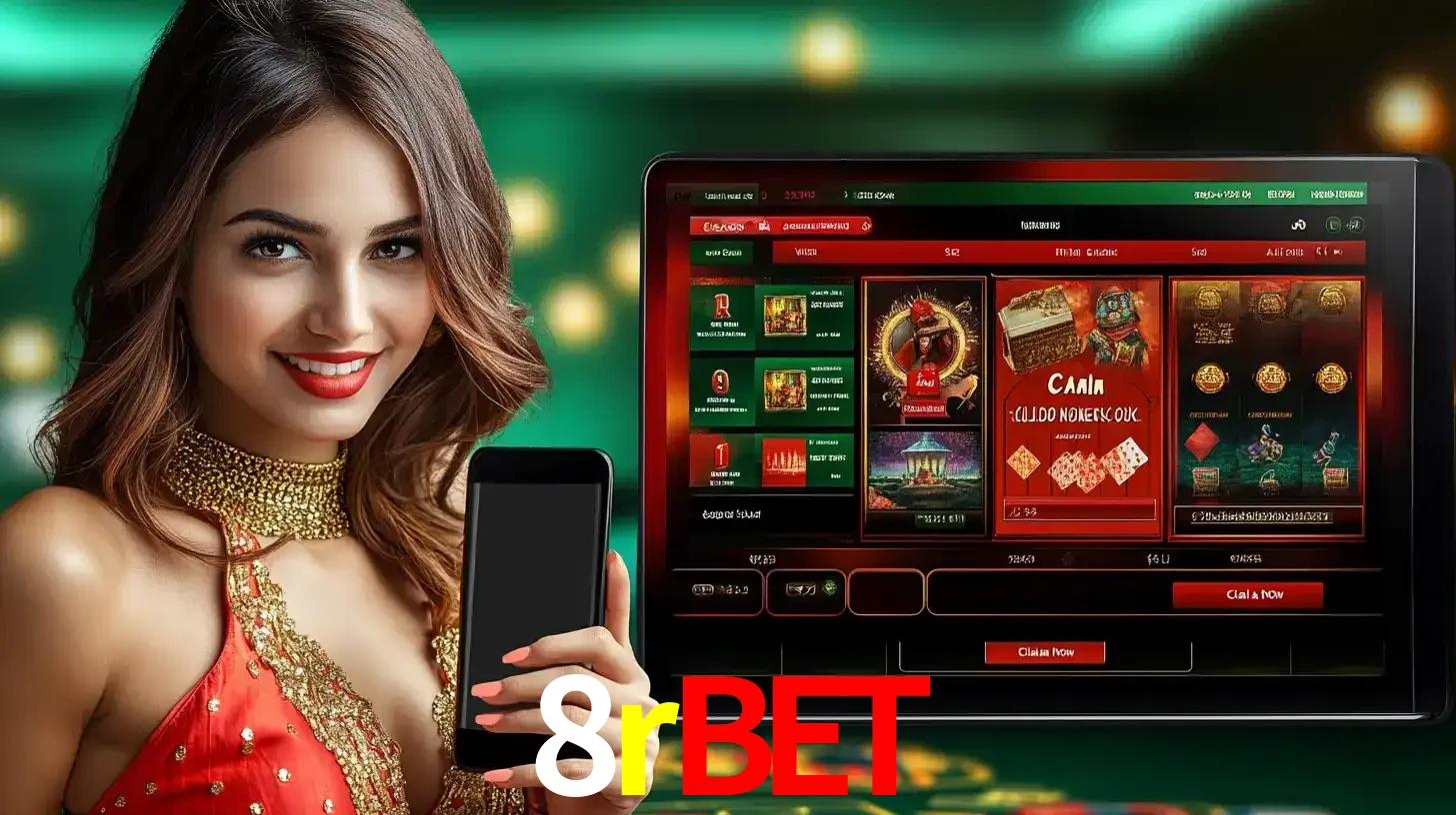 Mulher sorridente segurando um smartphone, ao lado de uma tela exibindo o lobby de jogos do cassino online 8rbet, com várias opções de jogos de cartas e slots.